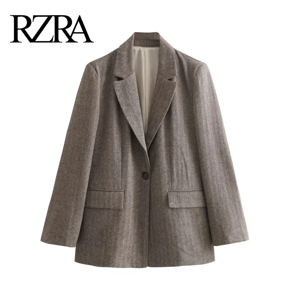 

RZRA2024 new autumn and winter women's herringbone twill straight suit jacket flap pocket decoration casual and loose