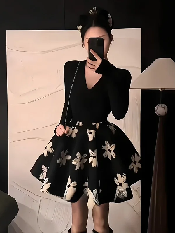 

Unique Beautiful Autumn Winter Women's Faion Set V-ne Long Sve T-irt High Waist White Flower Puffy ort Skirt