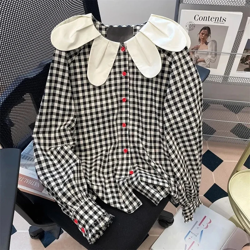 

Японские клетчатые рубашки, женские милые винтажные блузки с воротником-лепестком и пуговицами, свободные повседневные топы с длинными рукавами, ленивый ветер, простые топы в стиле ретро