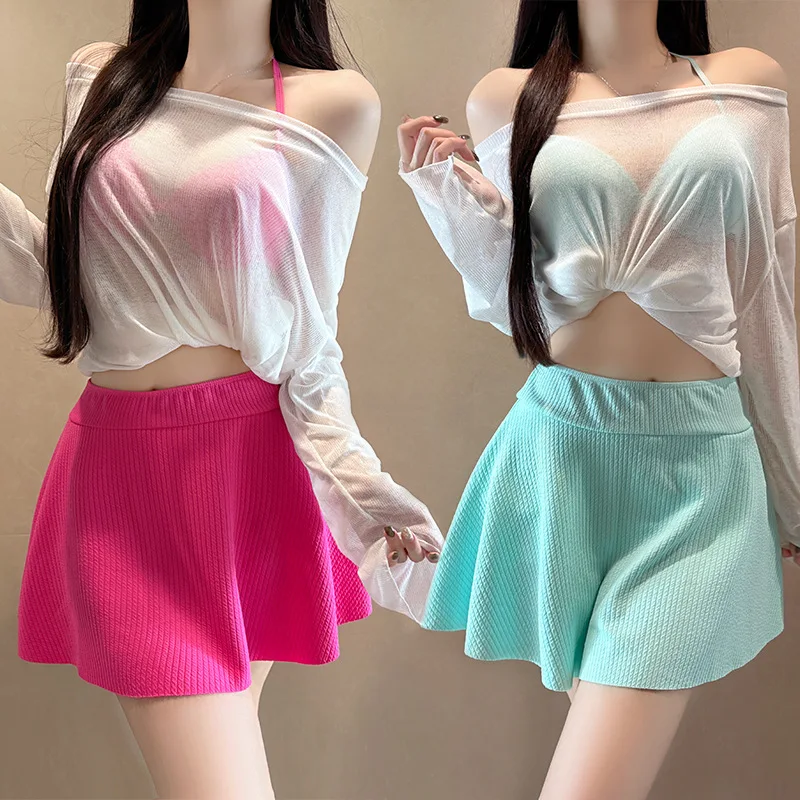 sexy kpop push-up halter stropdas bikini sets drie stukken met perspectief mesh cover kiel A-lijn minirok culottes badpak