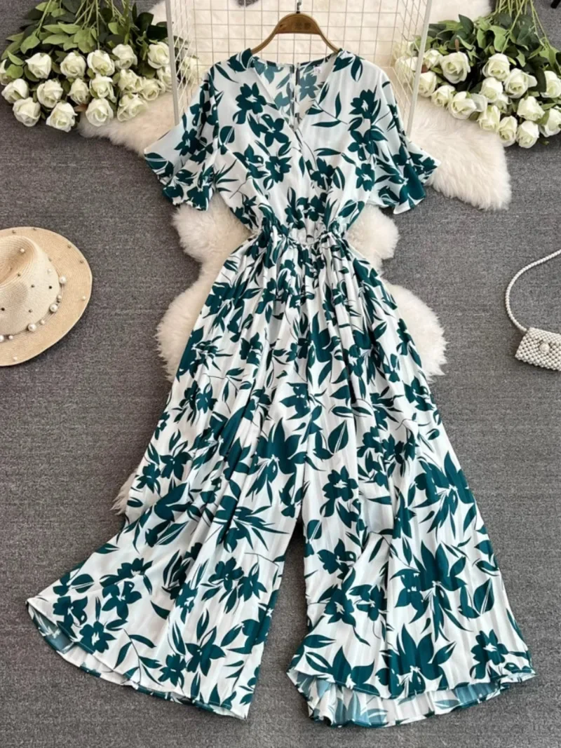 V Neck Flare Sleeve Flower Print  Jumpsuit Vintage Summer Gentle Sweet Romper Pleated Slim Design Sense Wide Leg Pant Bodysuit