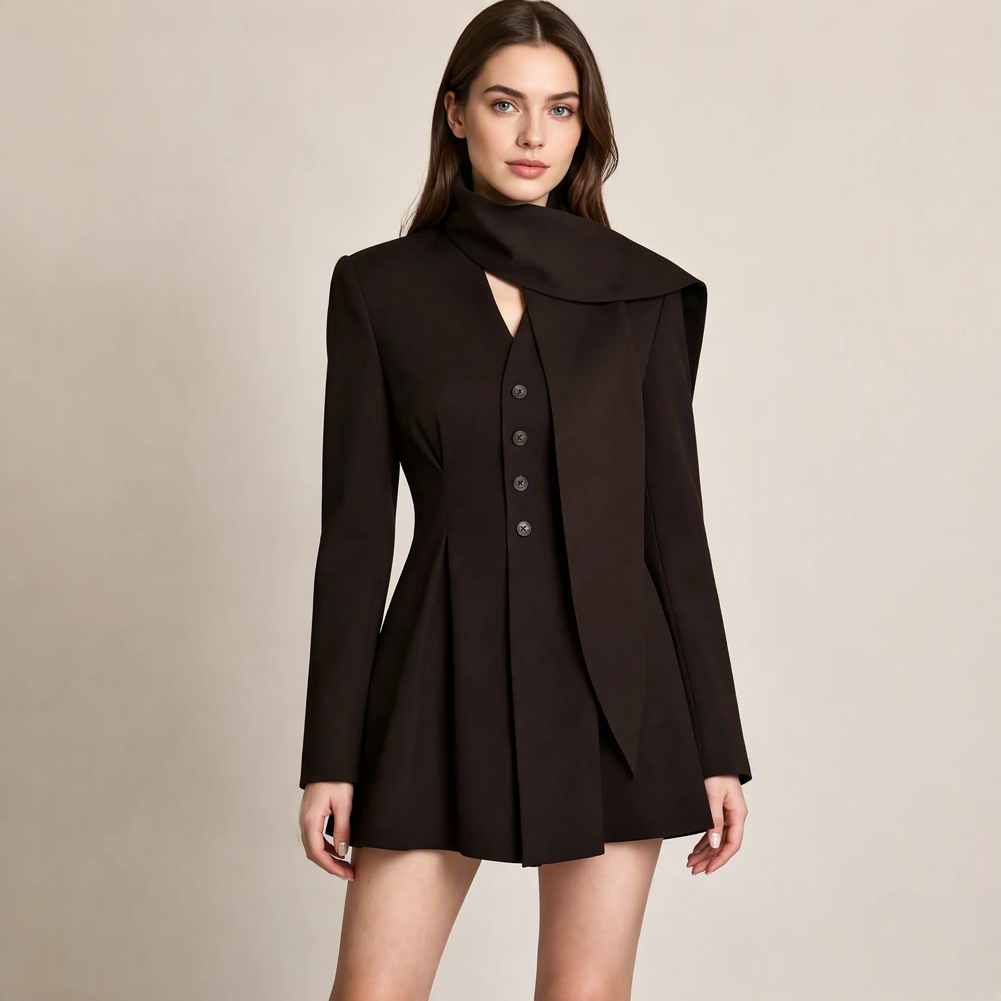 RU 2026 Autumn Winter Women Scarf Collar Single Breasted Blazer Dress Slim Waist Flared Hem Long Sleeve Suit Outfit