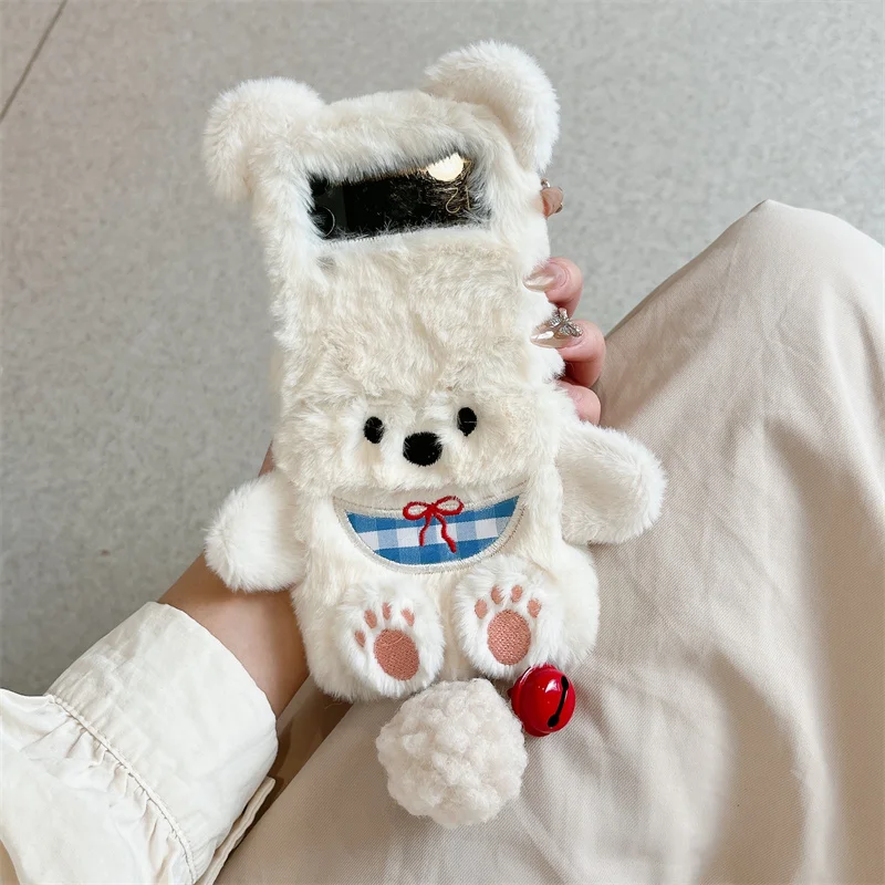 

3D Cute White Fluffy Bear with Bell Ball for Samsung Galaxy Z Flip 1 2 3 4 5 6 7 7FE Phone Case Folding Phone Case Accessories