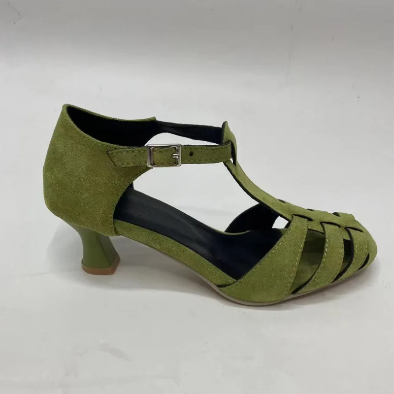 Women's Green Suede Kitten Heel T-Strap Sandals Closed Toe Summer Breathable Office Pumps EU 34-43 Elegant Dress Shoes Rubber