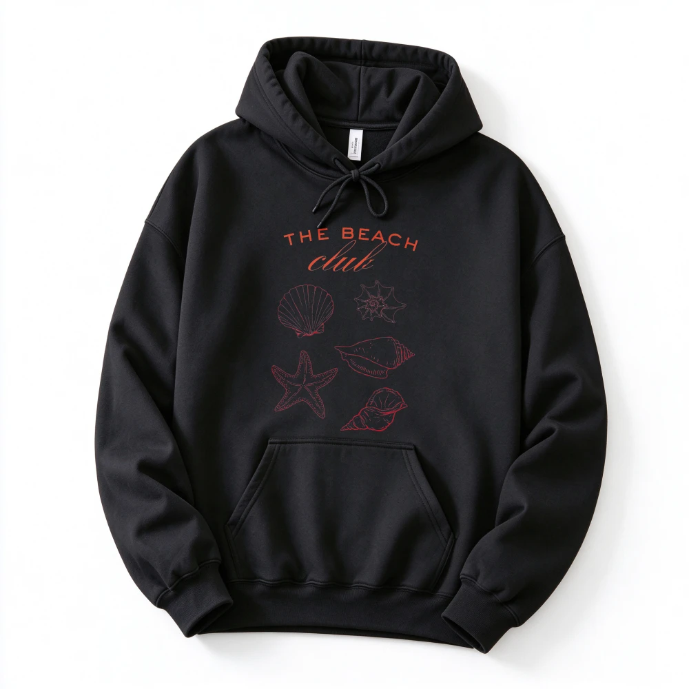 The Beach Club Seashell Starfish Graphic Hooded Sweatshirt Vintage Ocean Sea Shell Print Pullover Long Sleeve Casual Tops Hoodie