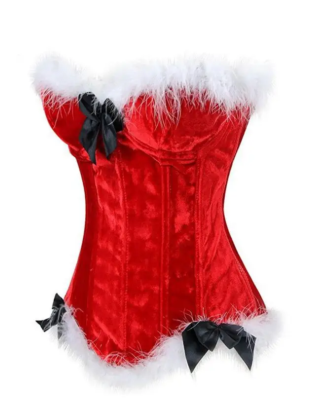 Women Red Christmas Corset Overbust White Artificial Fur  Trim Waist Training Bustier