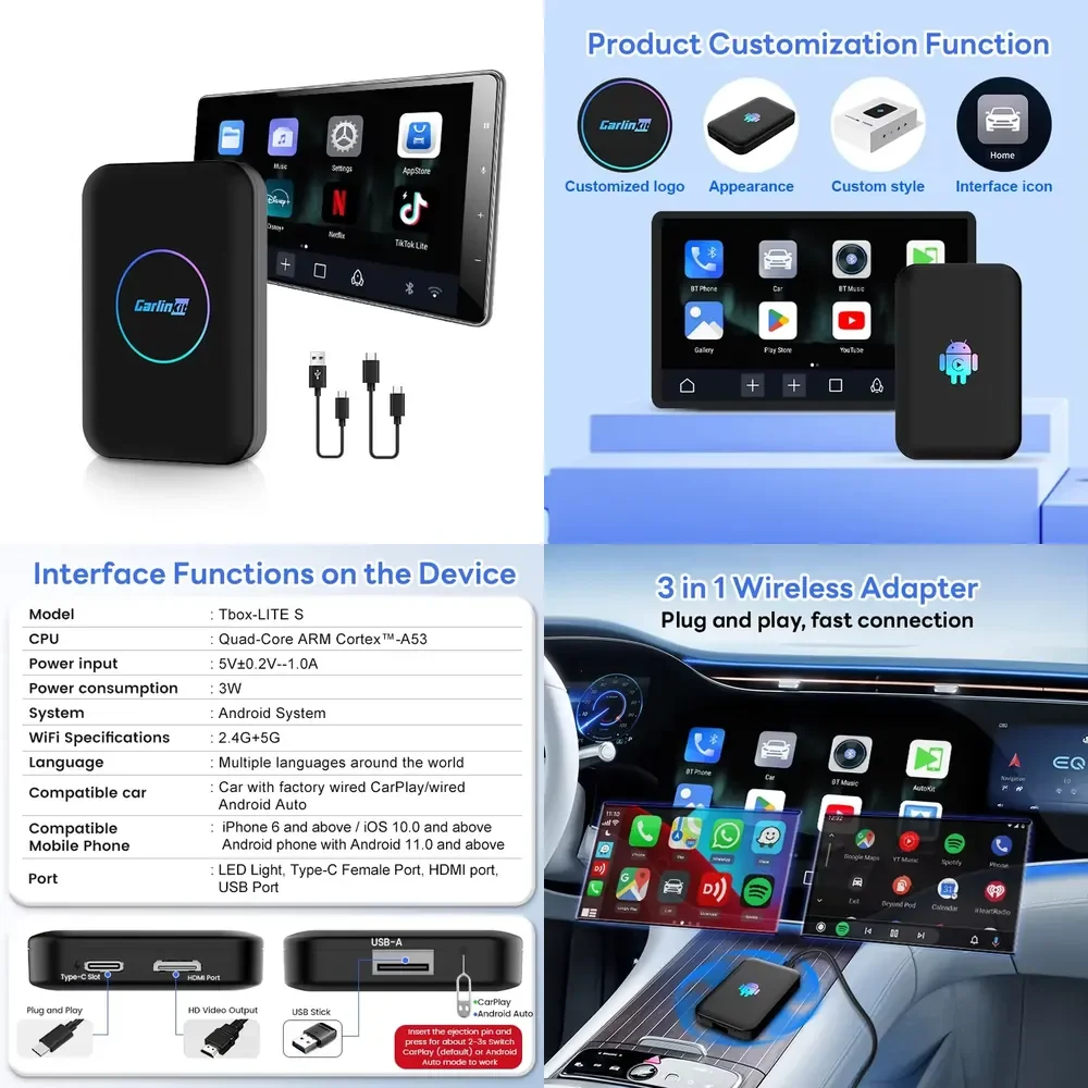 

CarlinKit 3 in 1 Ai Box 32Gb Tf to 512Gb USB Interface Carplay Adapter Tbox Wireless Car Play Youtub Car Android