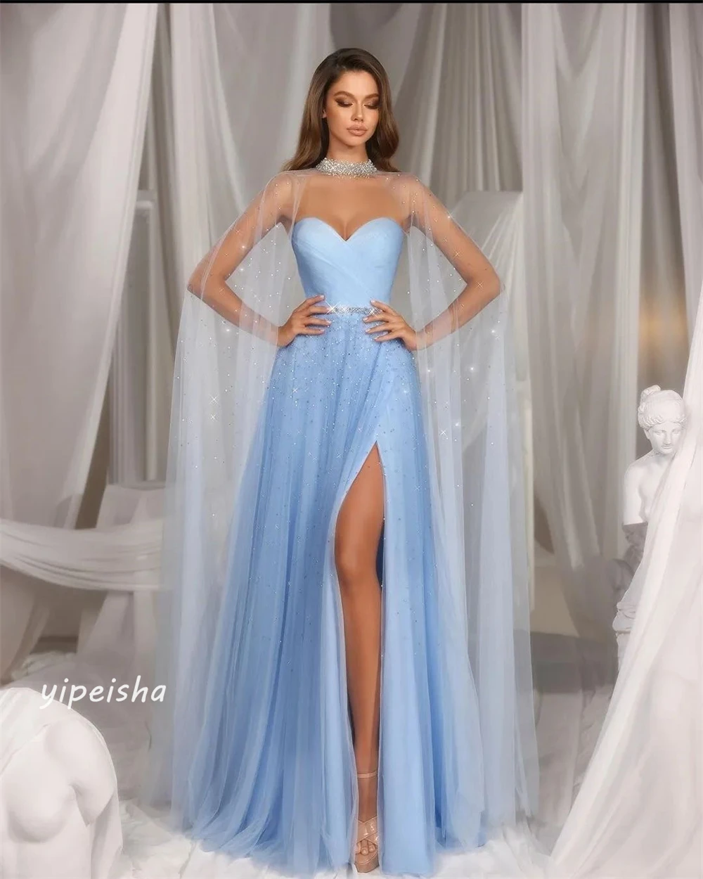 Jersey Draped Sequined Pleat Party A-line Strapless Bespoke Occasion Gown Long Dresses