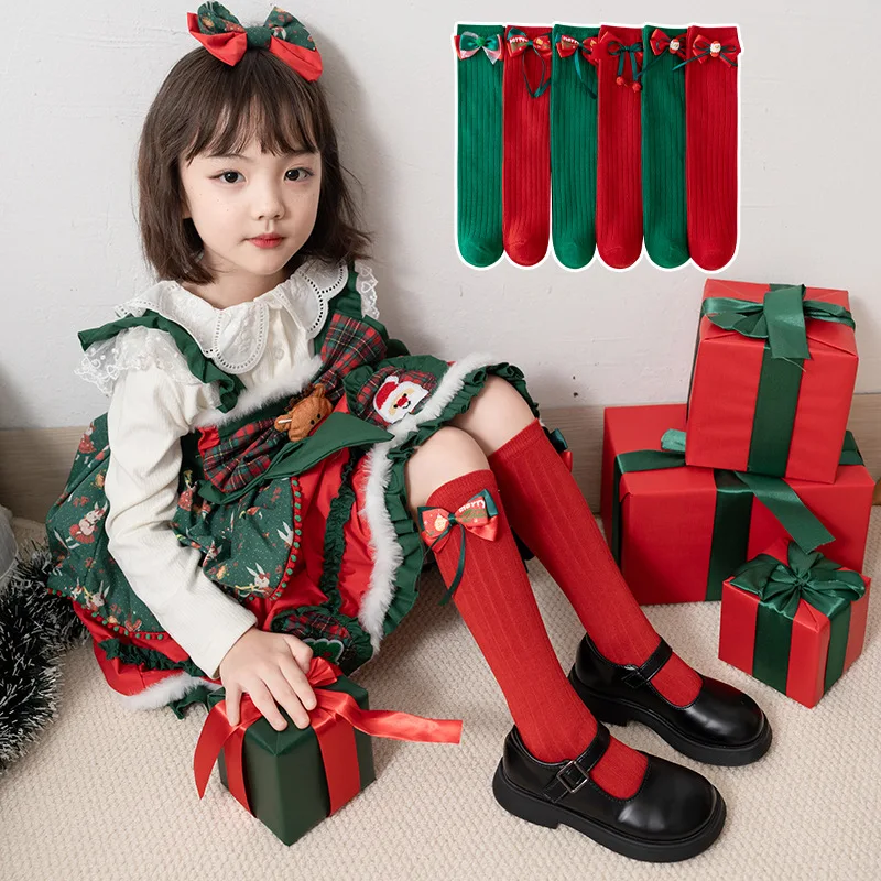 Baby Girls Knee High Socks Autumn Winter Kids Big Bow Long Soft Christmas Sock Cotton Red Green Children Santa Claus Stoking