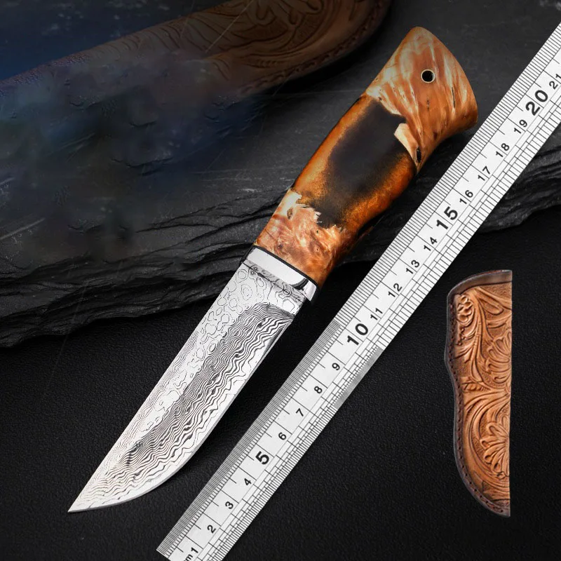 Damascus Steel Camping Straight Knife Tactical Military Hunting Knifes Self Defense Hand Tools with Cowhide Leather Cover