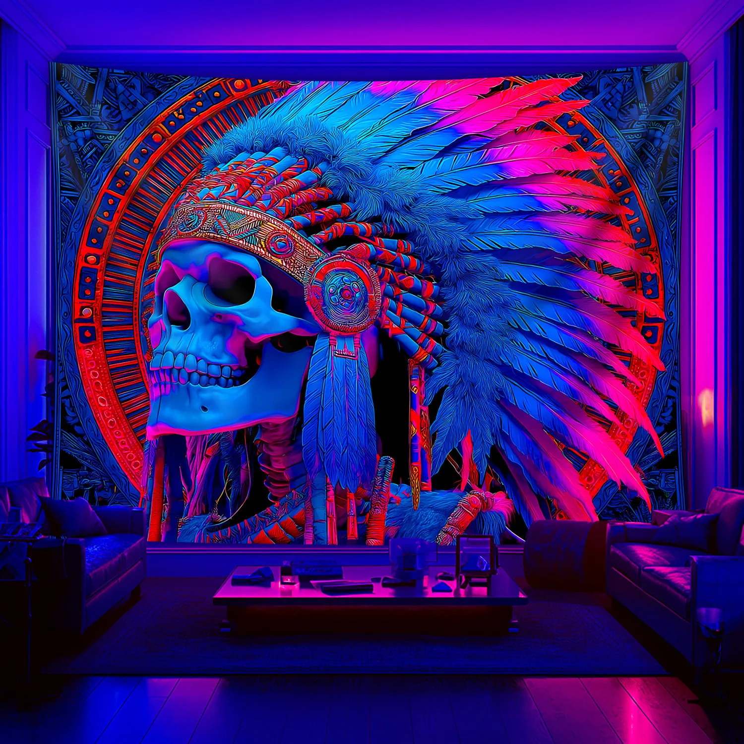 VIKAMA Halloween psychedelischer indischer Totenkopf-Wandteppich, wasserdicht, Party-Thema, Gastfamilie, dunkler Stil, Raumdekoration