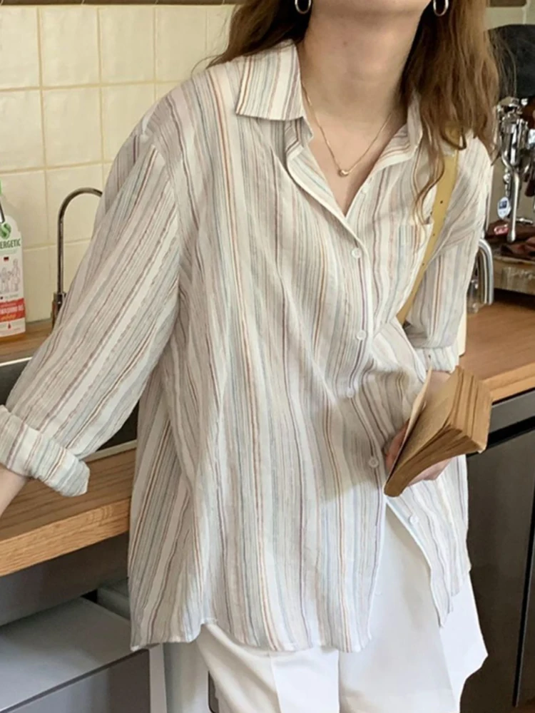 Jmprs Korean Vintage Striped Women Shirts Long Sleeve Designed Summer Cotton Loose Button Up Shirt Oversize Female Tops New