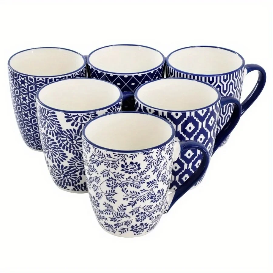 

6-piece 12 oz blue and white ceramic mug set with comfortable handles for easy grip and a secure hold