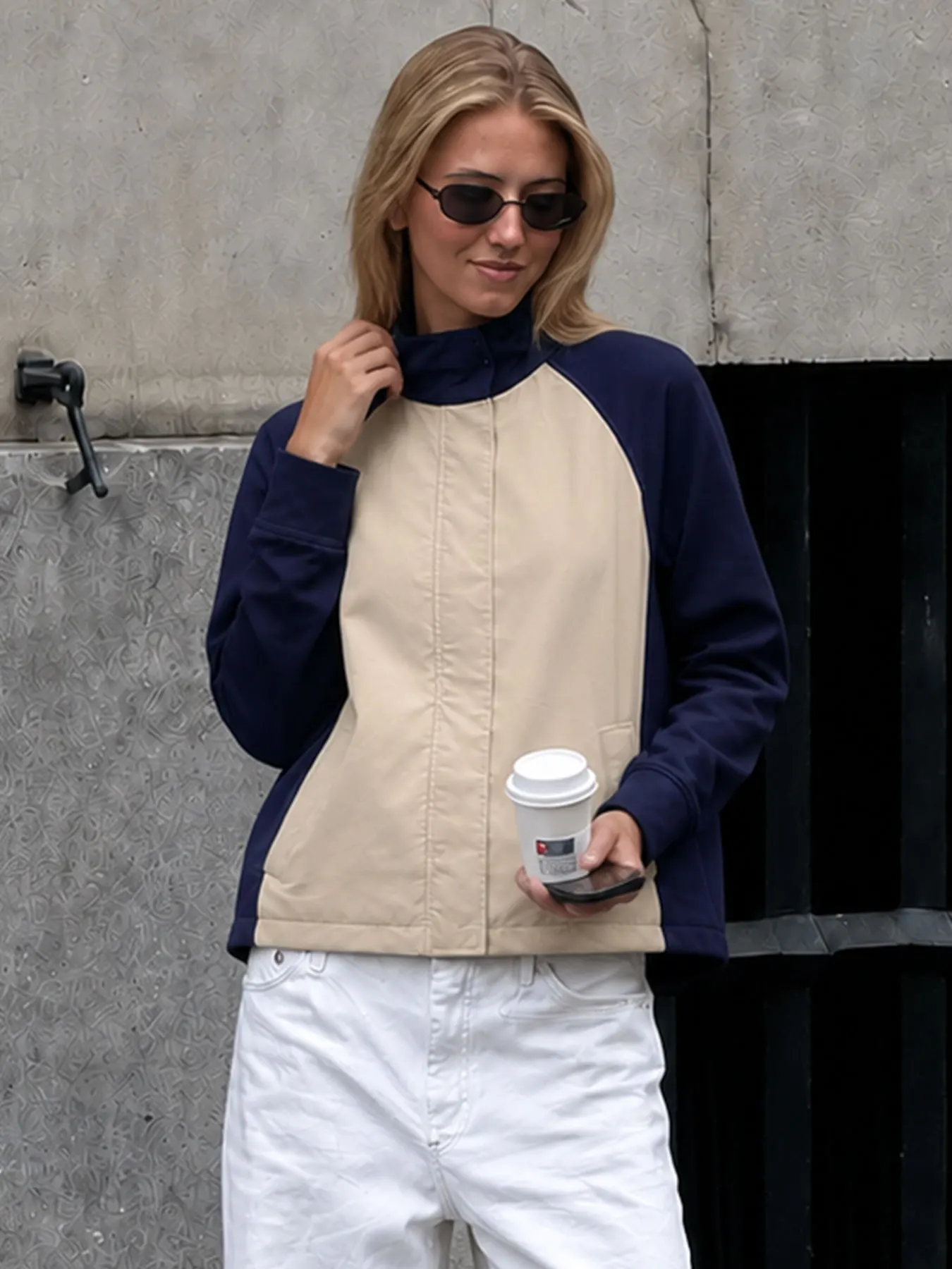 HH Trendy Womens Casual Autumn Coat Stand Collar Long Sleeves Pockets Fashion Party Outerwear Color Block Hidden Zipper Jacket
