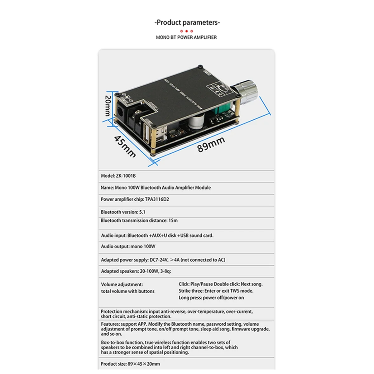 

FZFZ New -1001B Mono 100W Bluetooth 5.1 Audio Power Amplifier Module DC7-24V Power Amplifier Chip TPA3116 with