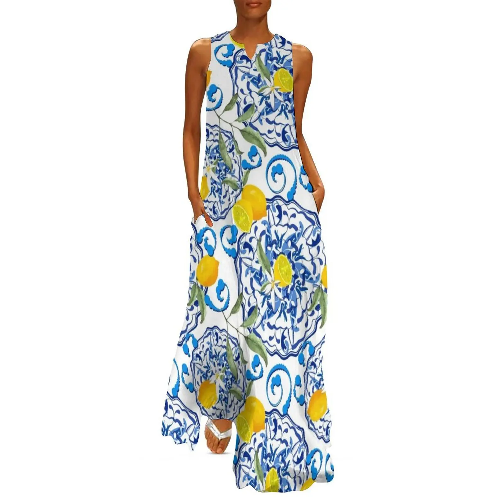 Summer,citrus,mosaic background ,Mediterranean style,lemon fruit pattern Long Dress women's clothing trend 2025 Dress