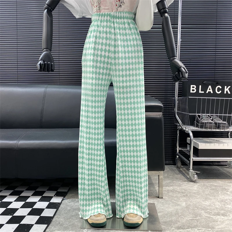 New 2022 Designer new style Famous brand Rhombic lattice Casual pants High waist Versatile Loose Pleated bell-bottom pants