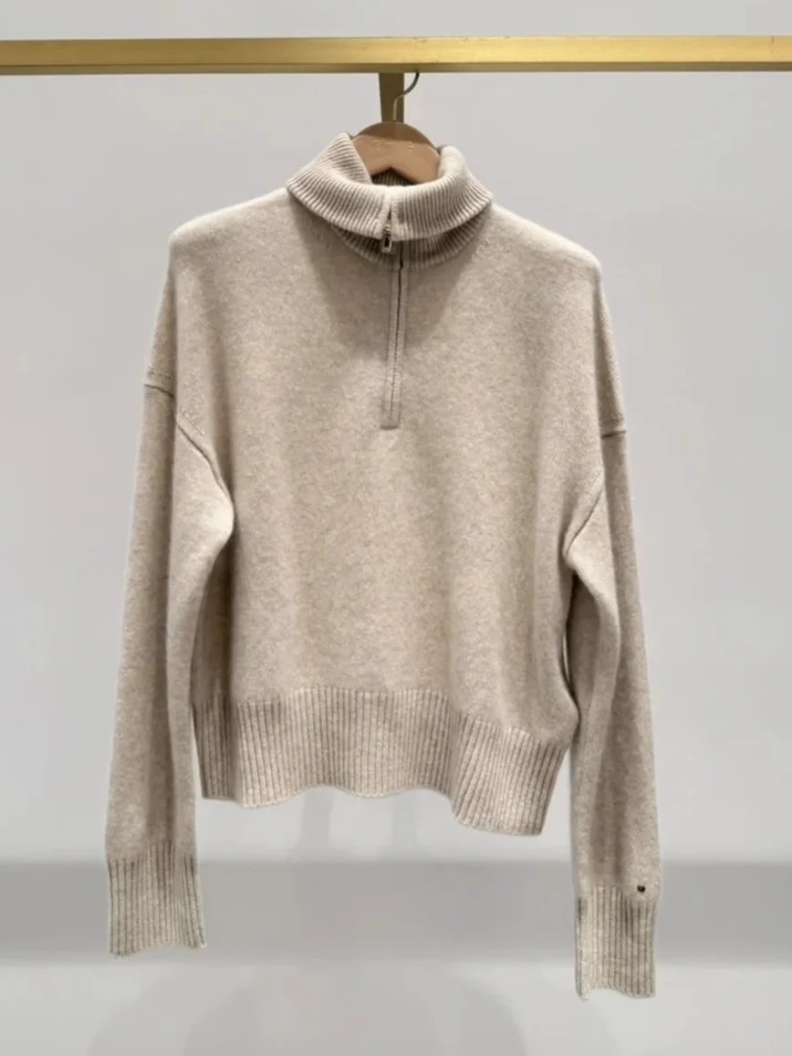 High-End Fashion Knitted Sweater Long Sleeve Half Zipper Turn-down Collar Short Style Autumn Winter Women's Premium Version