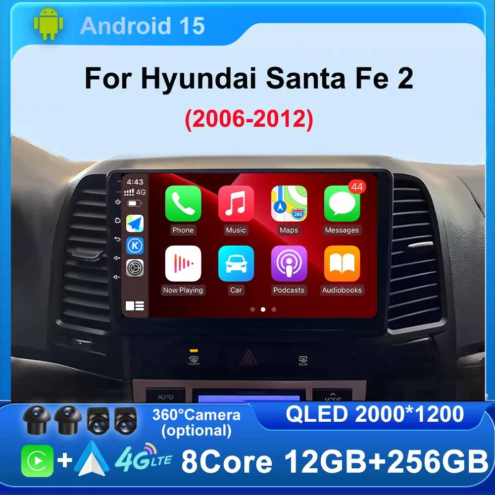 

Android 15 Carplay Auto Radio for Hyundai Santa Fe 2 2006 - 2012 Car GPS Navigation 4G WIFI Multimedia Video Player Stereo
