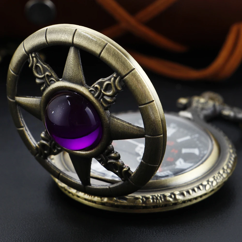 Antique Purple Magic Gem Octagonal Star Quartz Pocket Watch Vintage Fob Chain Necklace Bracelet Pendant Clock Men's Best Gift