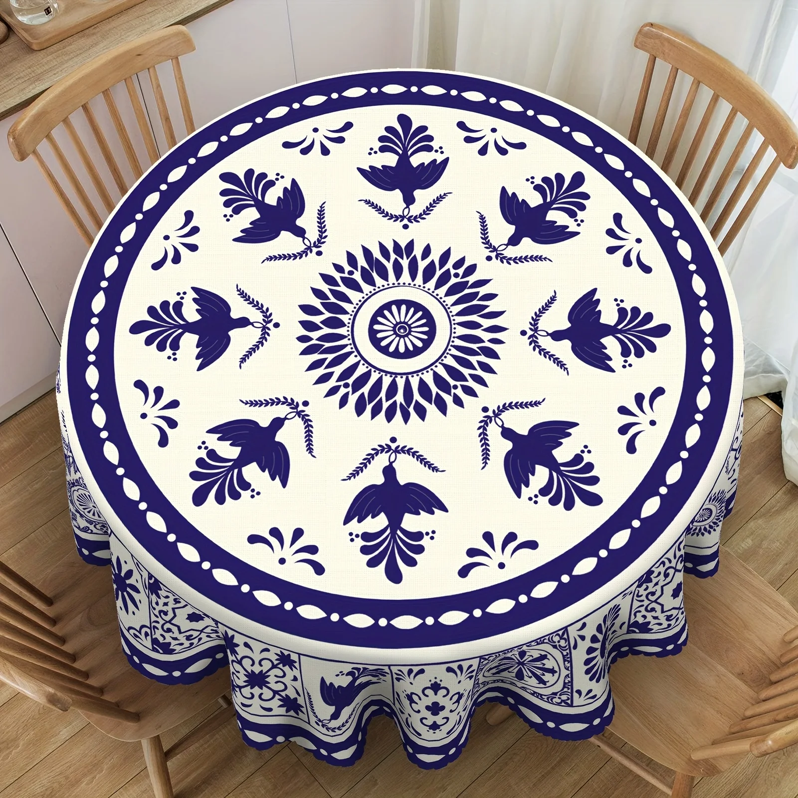 One rectangular round polyester tablecloth, a flower and bird tablecloth, a blue mosaic tile tablecloth