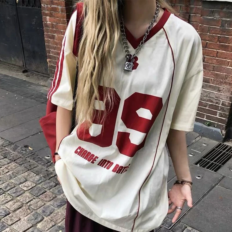 Vintage Loose Sports V-neck T Shirts Striped Letter Printed Oversized T-shirt Women Streetwear Hip Hop Loose Casual Y2k Top