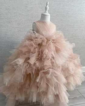 Vestidos de flores champán para niña, vestido escalonado de tul para baile de graduación, vestido de celebridades para niños, vestido de cumpleaños de primera comunión con lazo, nuevo