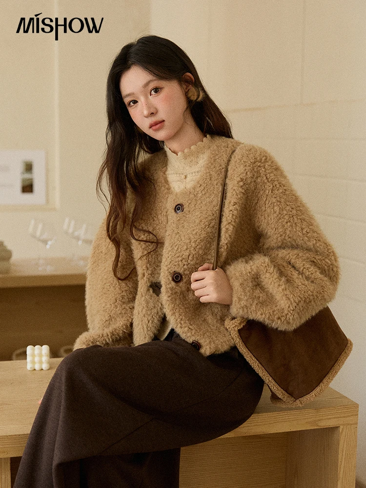 MISHOW Women's Lamb Wool Jacket 2025 Winter Retro Casual Coat Crew Neck Long Sleeve Soft Jacket Commuting Windproof MXE90W0995
