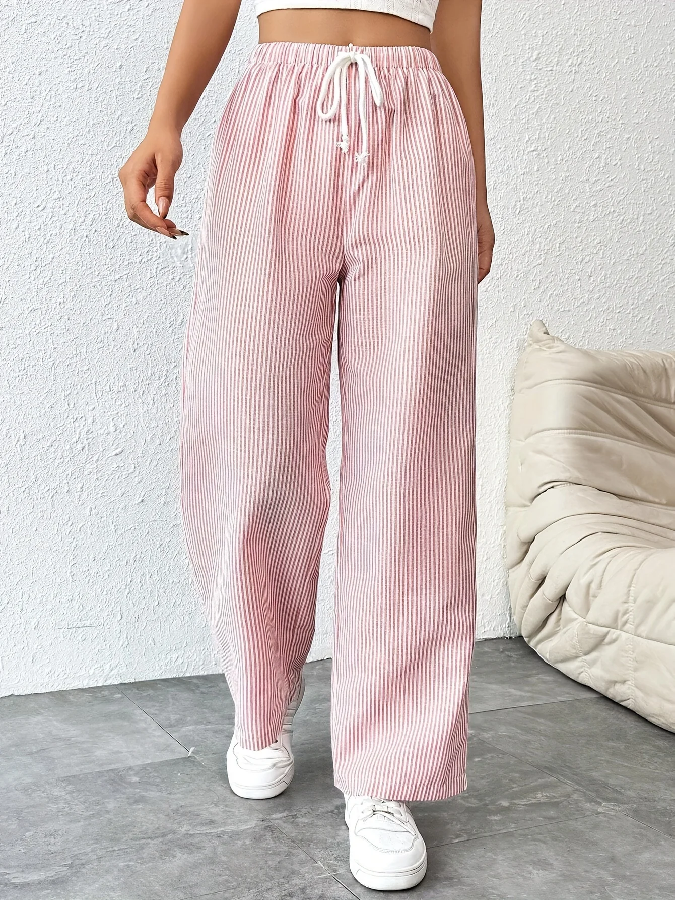 

Autumn/winter Women's Tie Waist Pinstripe Straight Leg Pants Elastic High Waist Casual Trousers