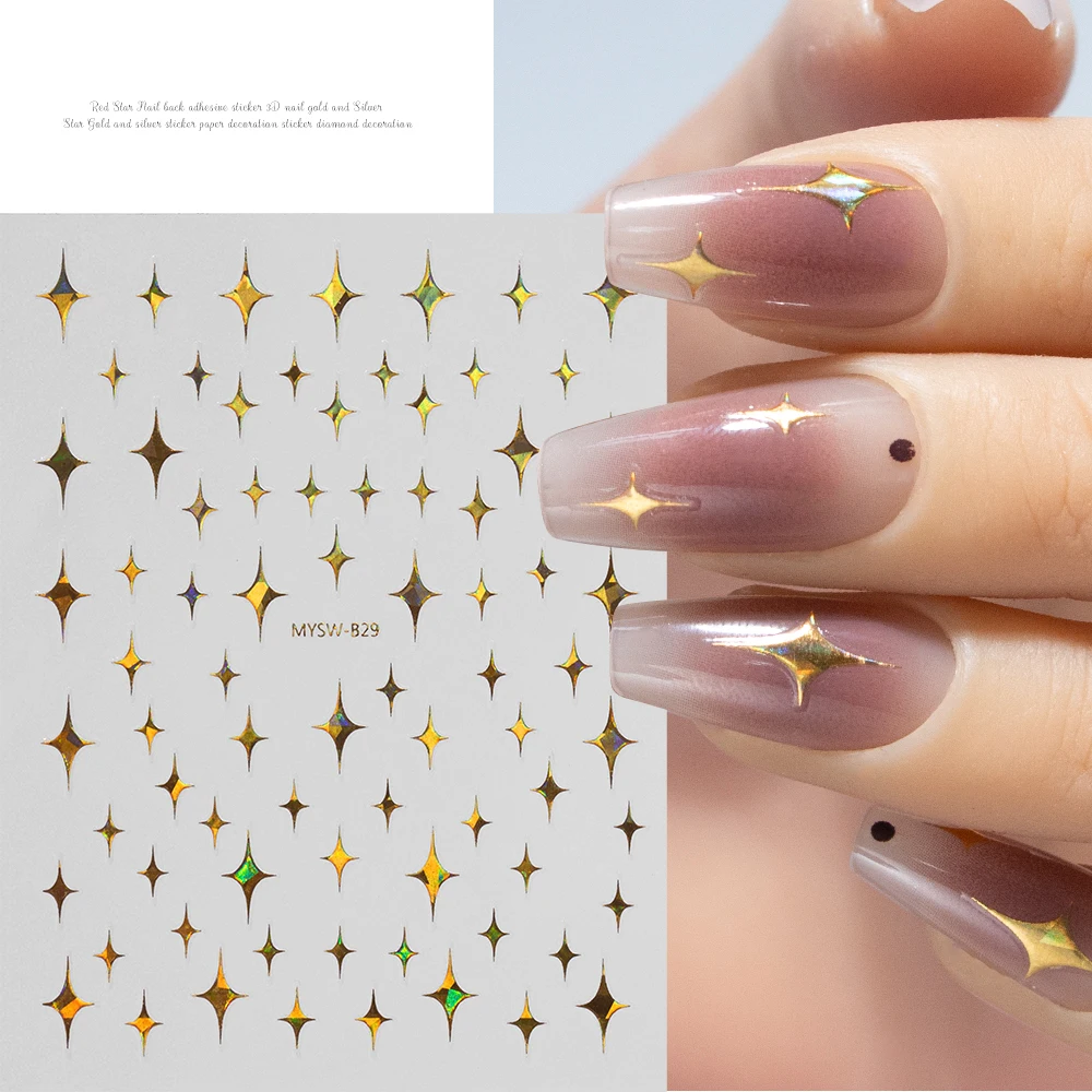 1 個 3D ゴールド/シルバー/レッド四芒星ネイルアートステッカー 8*10 センチメートルクロススターライト自己粘着スライダー Y2K マニキュアデカール *