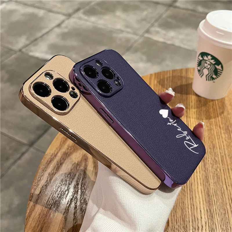 럭셔리 도금 가죽 맞춤형 이름 케이스 iPhone 11 12 13 14 15 16 Pro Max 맞춤형 DIY 충격 방지 커버 15 14 Pro Max