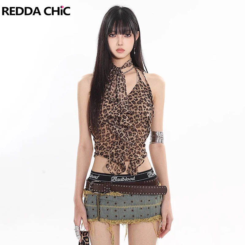 REDDACHiC Ruffle V-neck Leopard Crop Top Women Y2k Vintage Halter Bandage Camisole Sleeveless Vest Sling Harajuku Streetwear