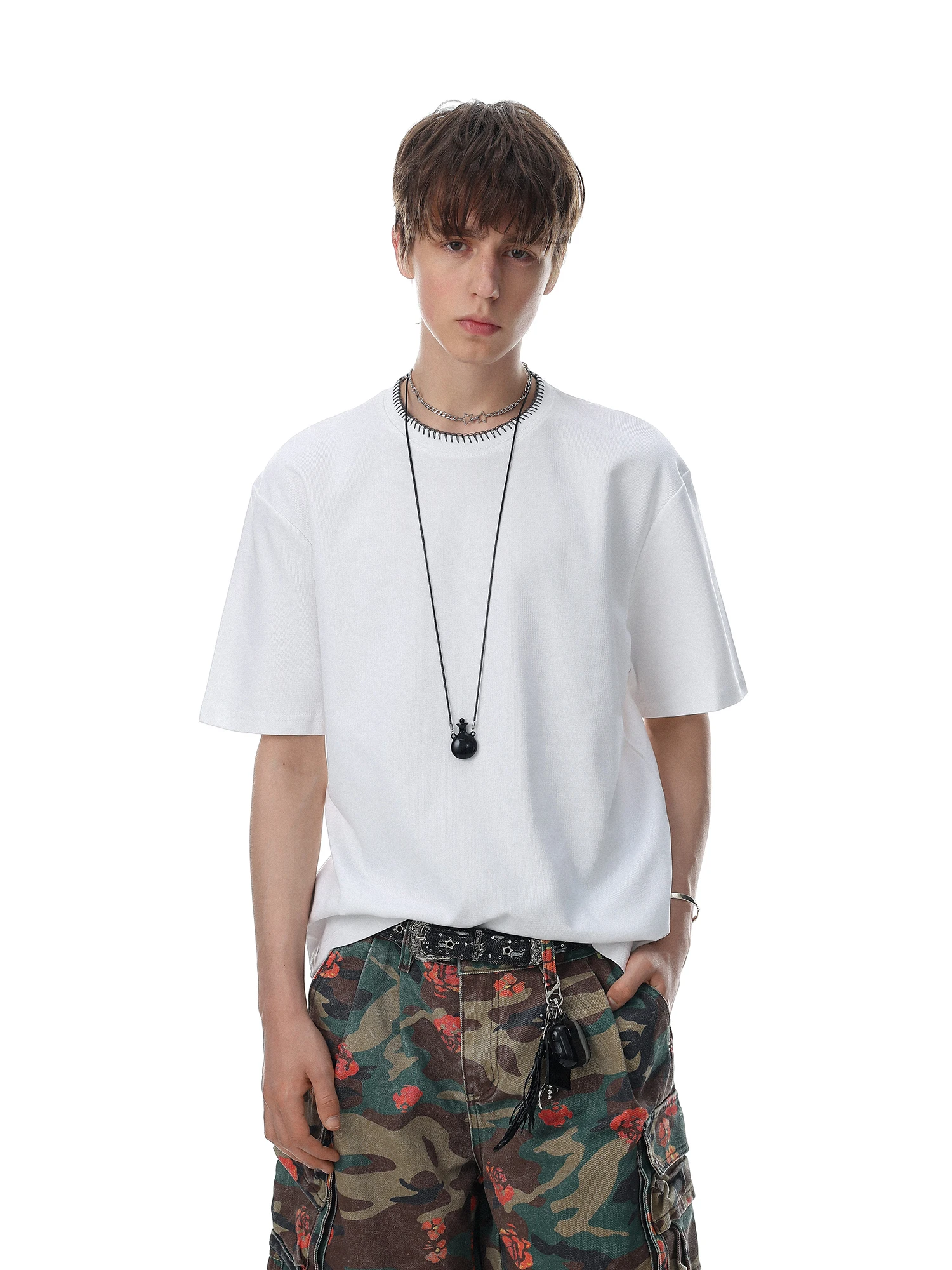 American Retro Style Short Sleeve T-Shirt Pure Color Car Seaming Line Cleanfit Top for Men And Women Curved Texture Cotton Blend