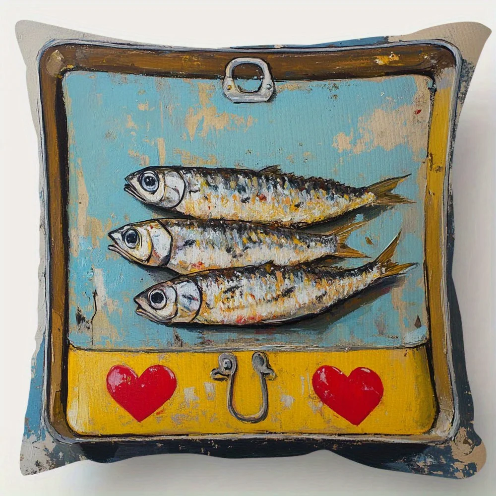 Vintage Sardines in Can Pillow Cover Painted Fish Art Rustic Tin Design 18x18 Inch Square Decor  pillow case