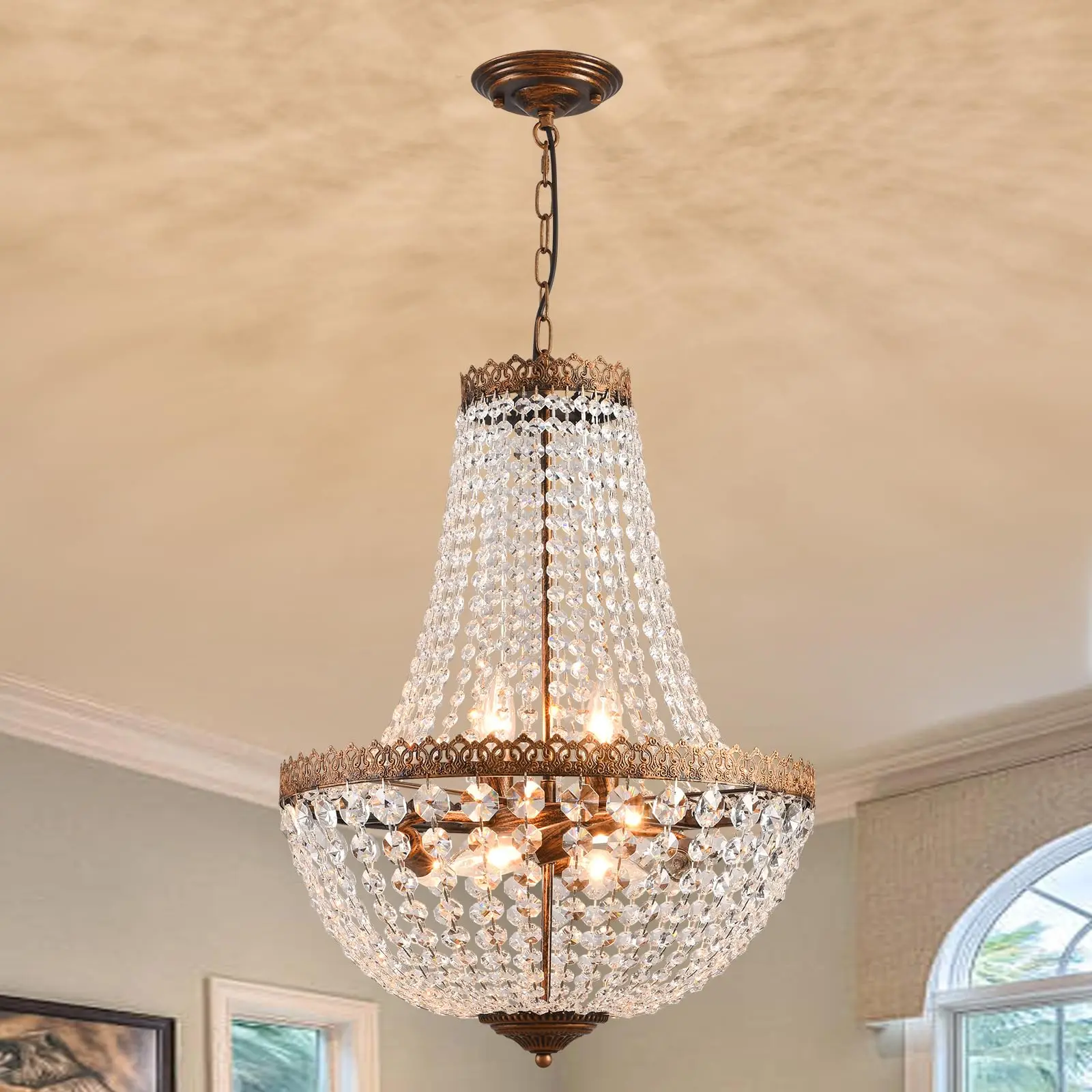 4 Lights French Empire Mini Crystal Chandelier Farmhouse Pendant Lighting, Bronze Finish Ceiling Light Fixture for Dining Room