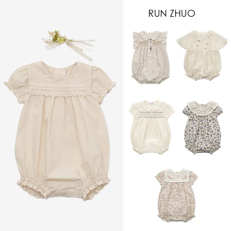 

Baby Girls Lace Trim Romper Floral/Plain Puff Sleeve Cotton Bodysuit with Ruffle Hem 0-24M