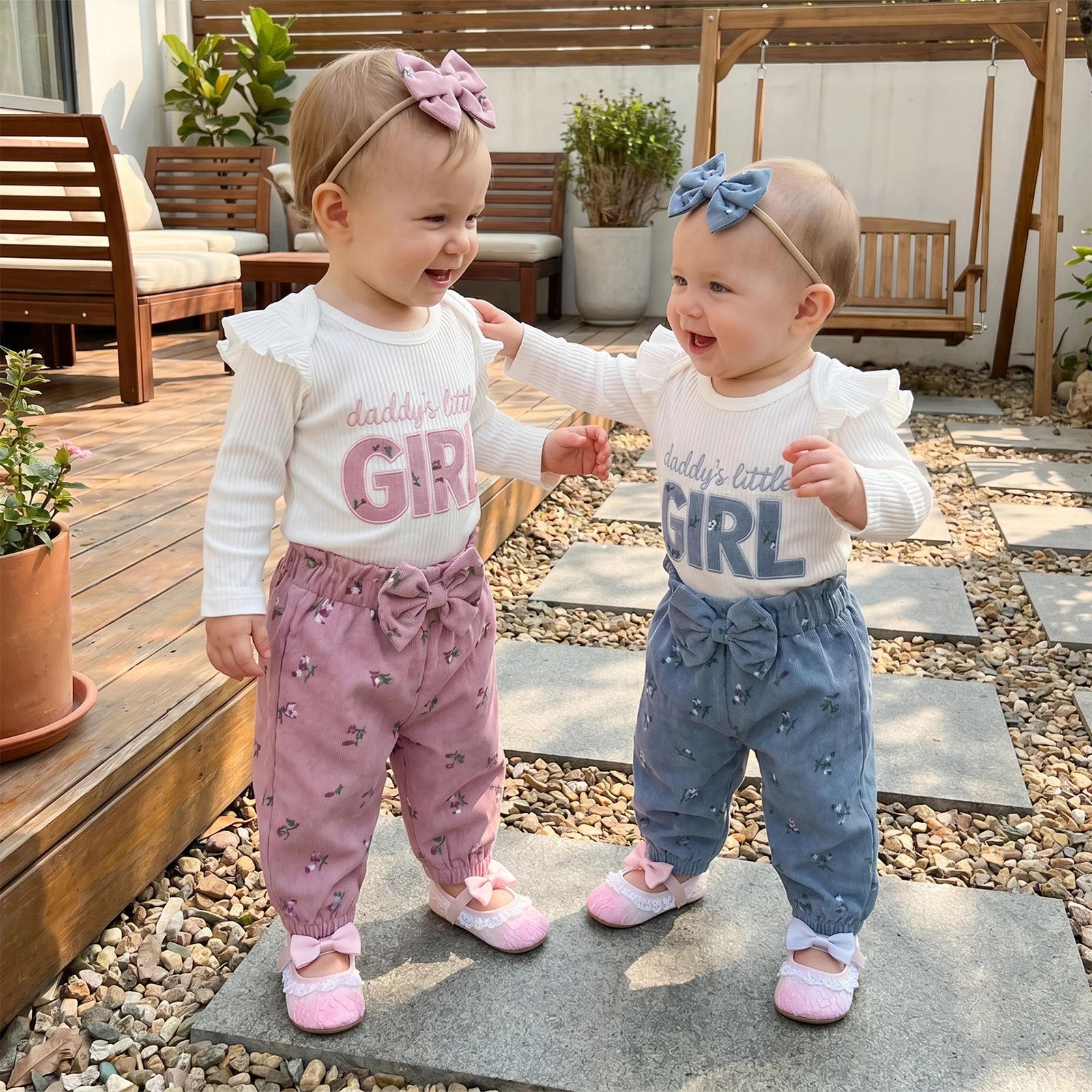 Sweet Ribbed Romper Floral Corduroy Pants and Bow Headband Warmer Baby's Sets 2027 Early Autumn Fashion Toddler Baby Girl Outfit