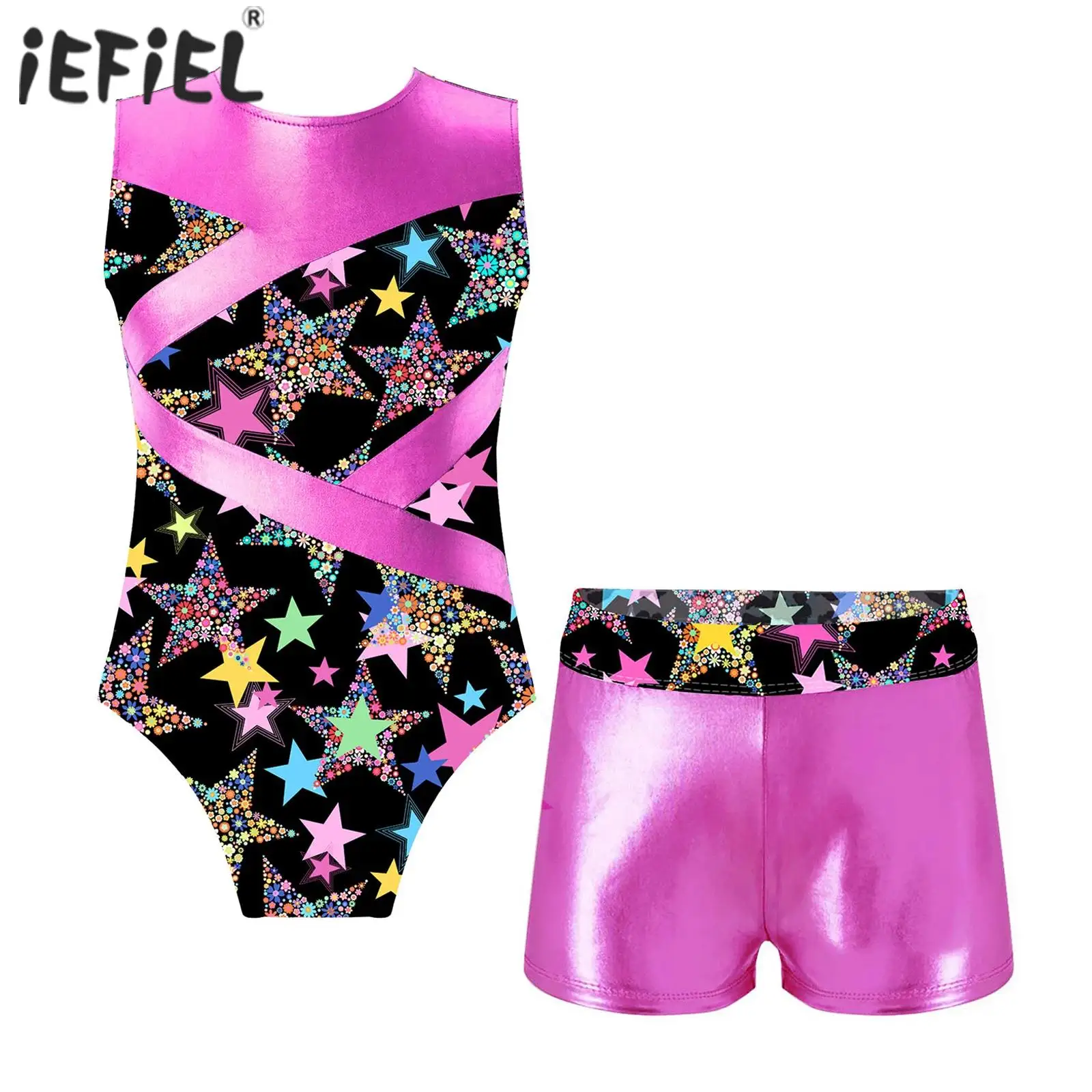 

Kids Girls Ballet Dance Outfits Biketards Round Neck Hollow Out Printed Gymnastics Leotards Tight Fitting Jumpsuit with Shorts