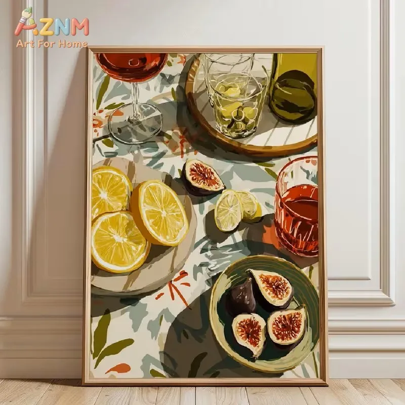 AZNM Modern Wine Lemon Fig Still Life Canvas Wall Art Print Decor