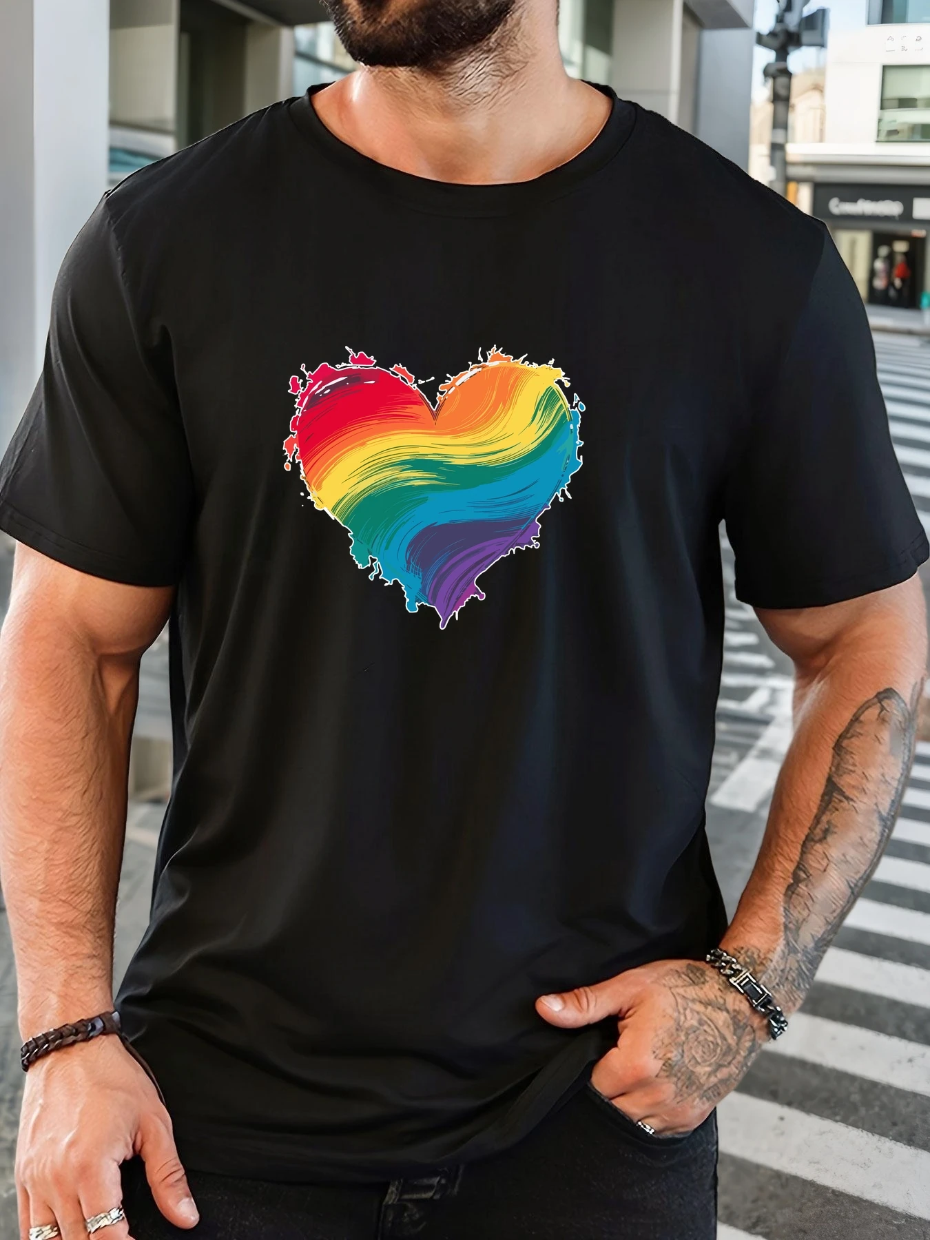 New Men Khaki Crew Neck Tee Brush Stroke Rainbow Heart Colorful Paint Splash Equality Love Soft Cotton Male Casual Short Tops