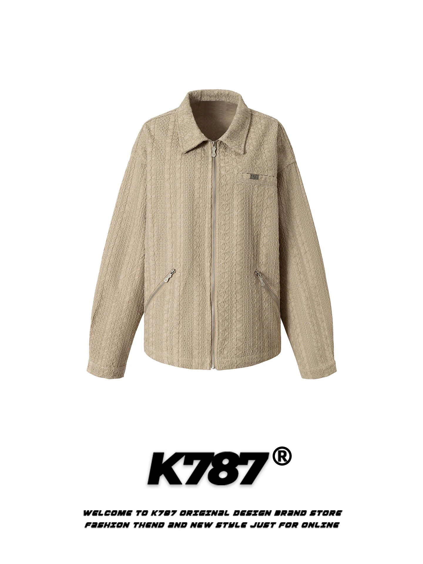 

K787 American Retro Vintage Lapel Jaet ex Loose Casual Sle Zipper Coat Trendy for Couples Spring Season Polyester Fiber