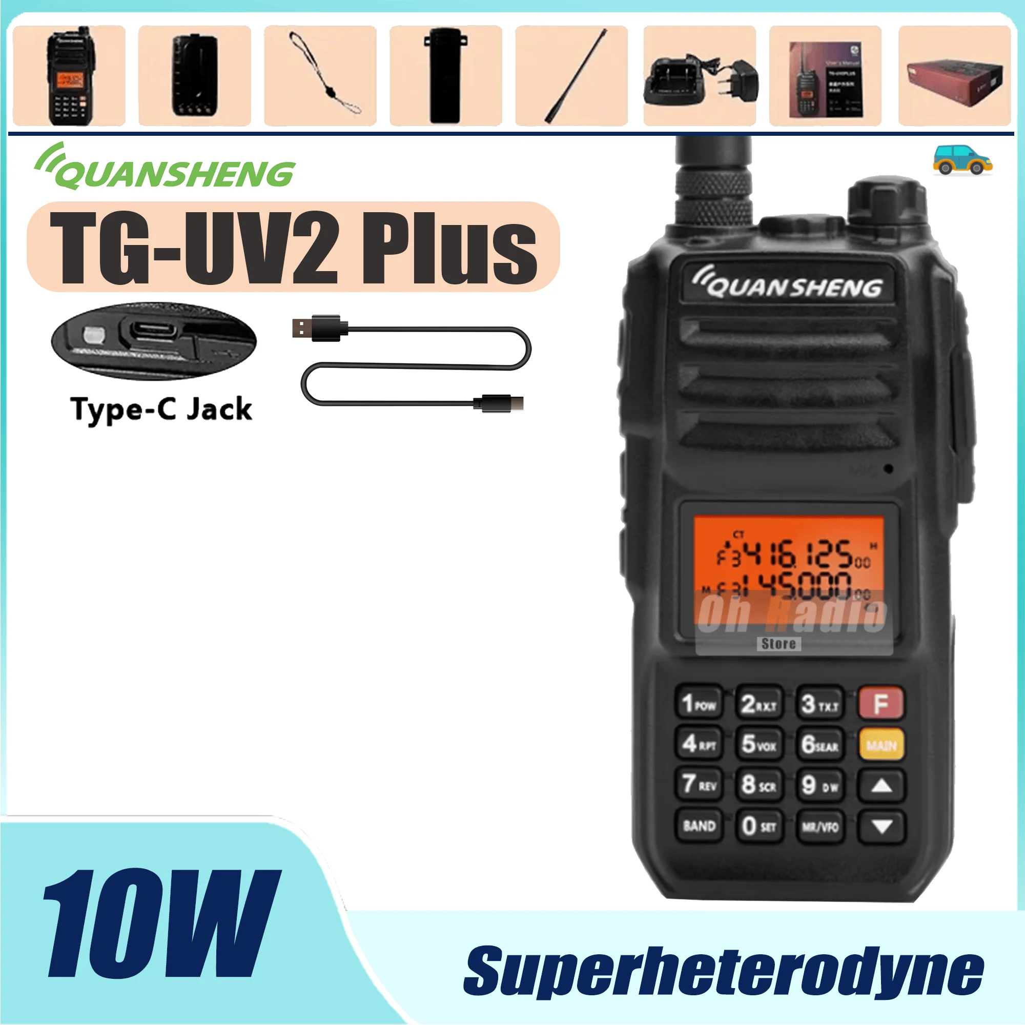 Quansheng TG-UV2 Plus 10W Walkie Talkie 4000mAh Type-C Charging Superheterodyne UHF VHF Dual Band FM Portable Ham Two Way Radio