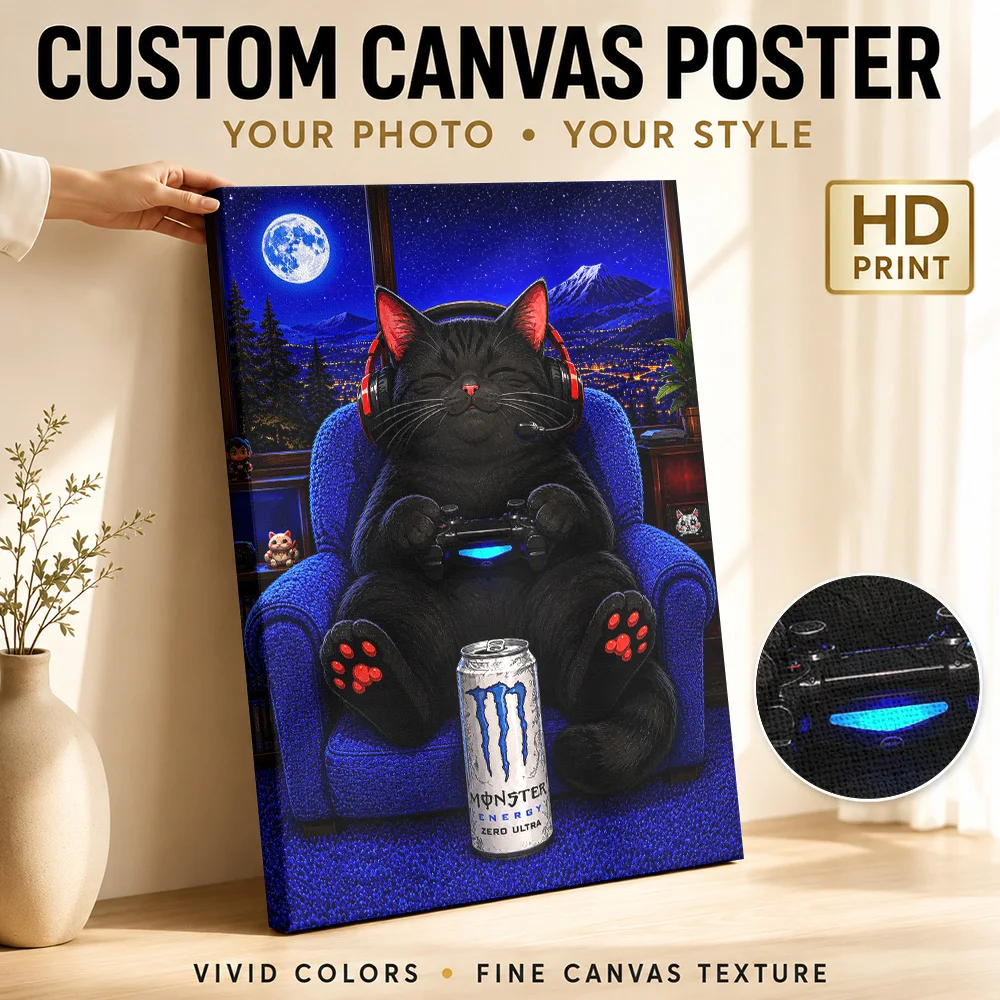Gamer Cat with  Drink Canvas Print Poster Custom Funny Animal Canvas Wall Art for Bedroom Decor Collectible Ready to Hang Gift