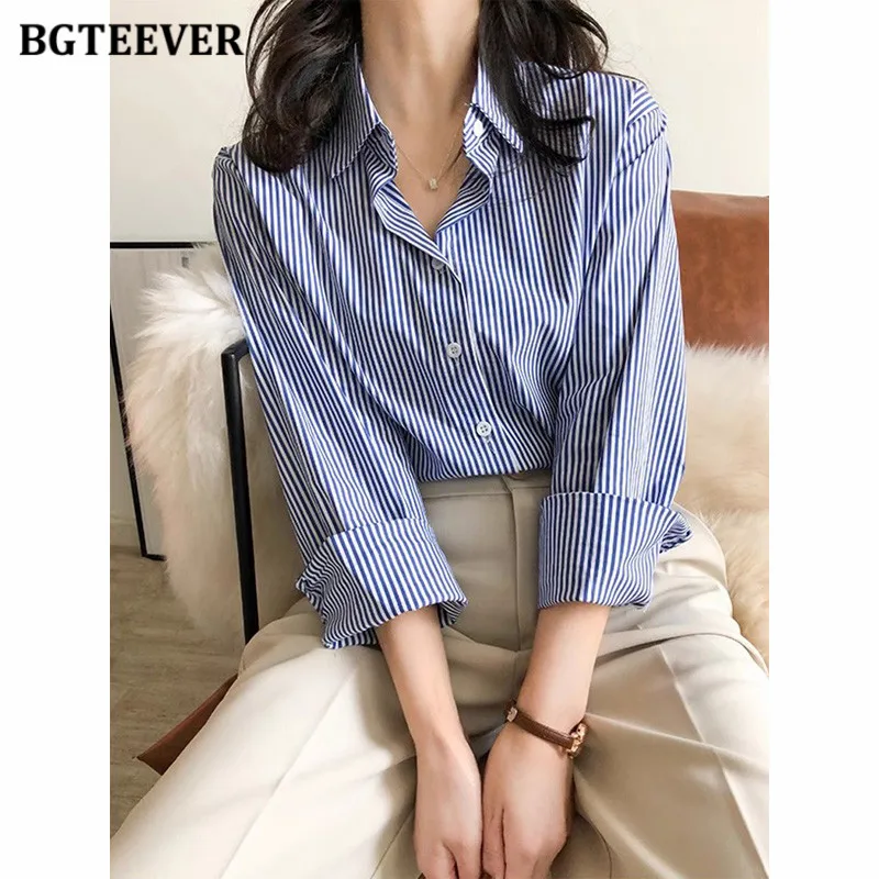 BGTEEVER Casual Turn-down Collar Loose Female Striped Shirts Spring Long Sleeve Single-breasted Stylish Women Blouses Tops