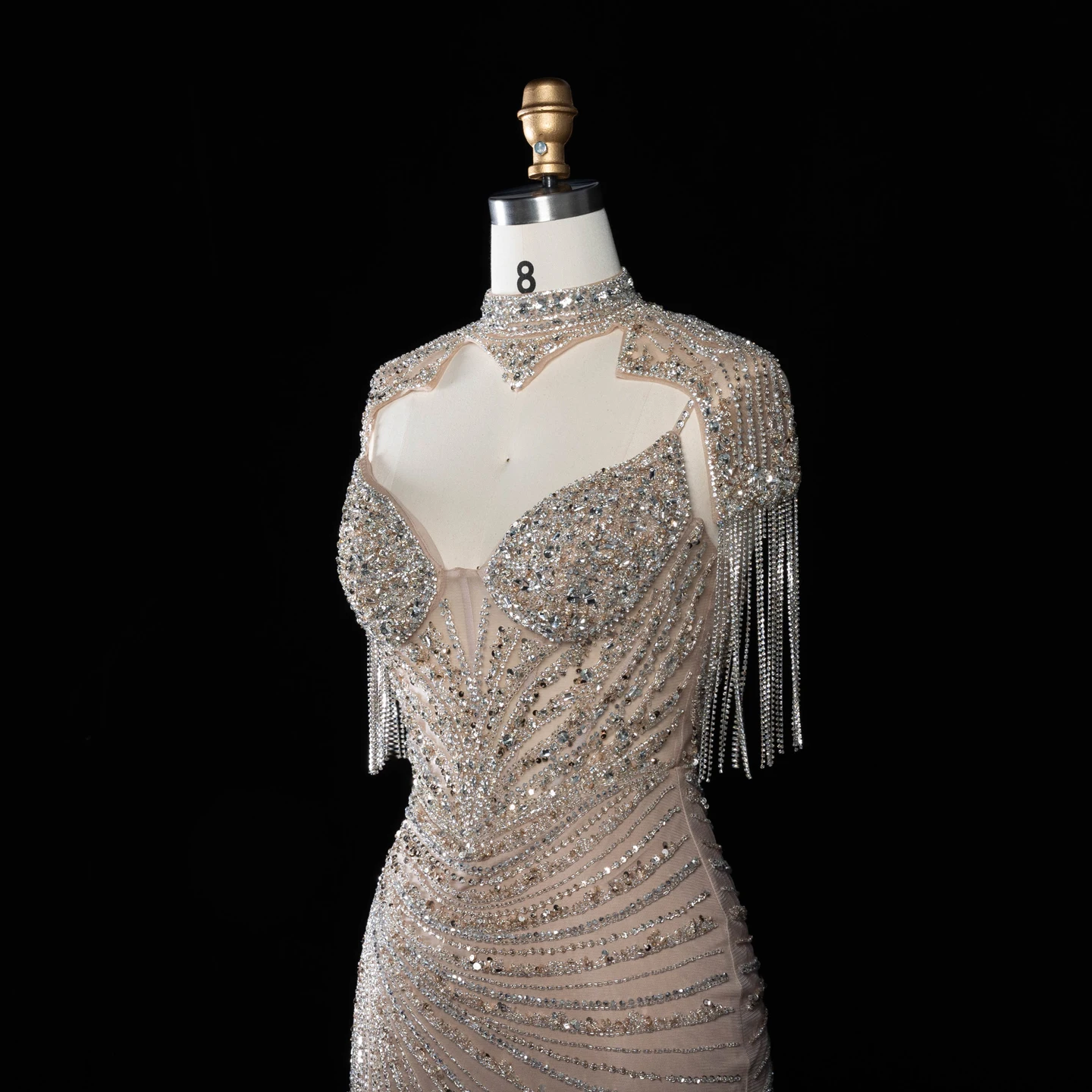 Sharon Said Luxuriöses Champagner-Abendkleid mit Quastenumhang, Diagonalen Strasssteinen, Meerjungfrauen-Schnitt, für formelle Anlässe und Partys, SS184, Maßanfertigung – Detail 8