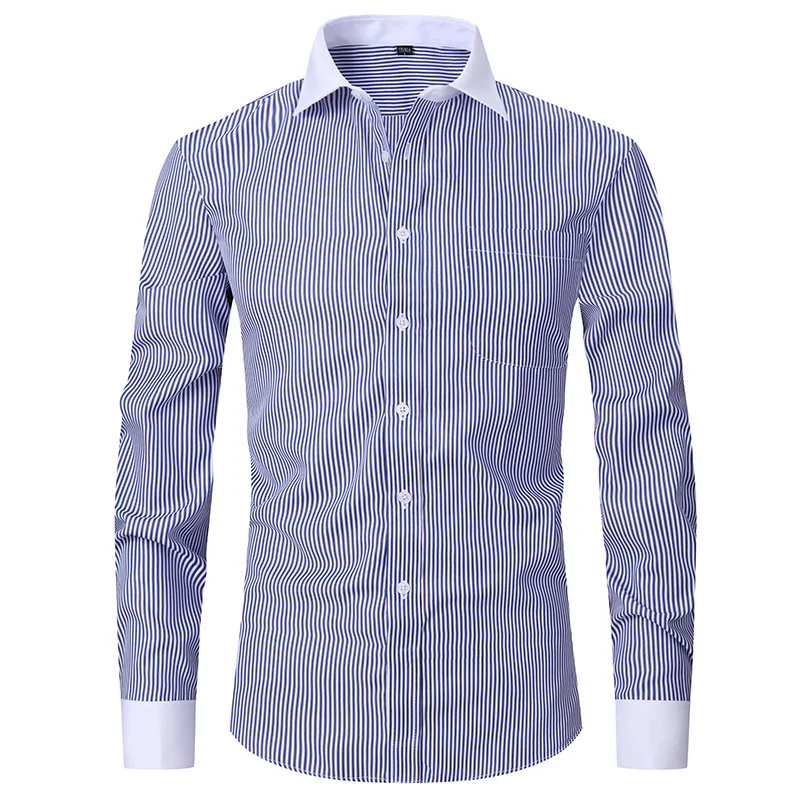 L108 camisa francesa masculina de manga larga a righe de color sólido