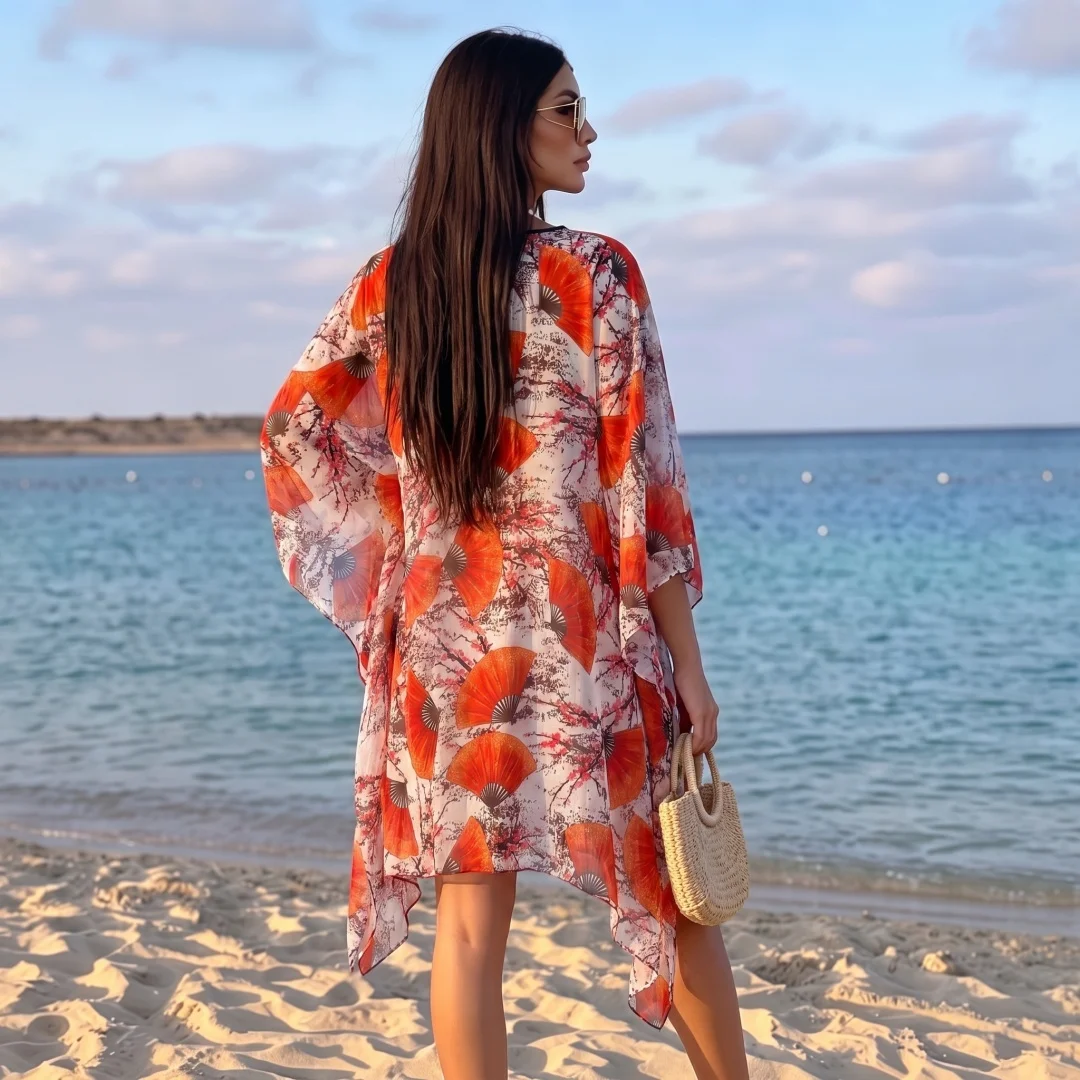 Summer Bohemian Floral Print Chiffon Abaya Dress Ladies Round Neck Irregular Hem Loose Kaftan Beach Modest Robe