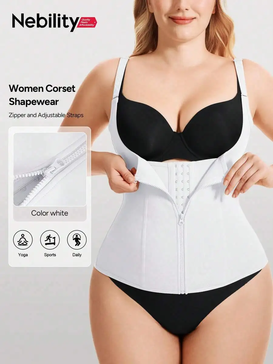 Nebility Women's Waist Trainer Corset With Zipper - Adjustable Tummy Control Shapewear Tank Top Slimming Body Shaper For