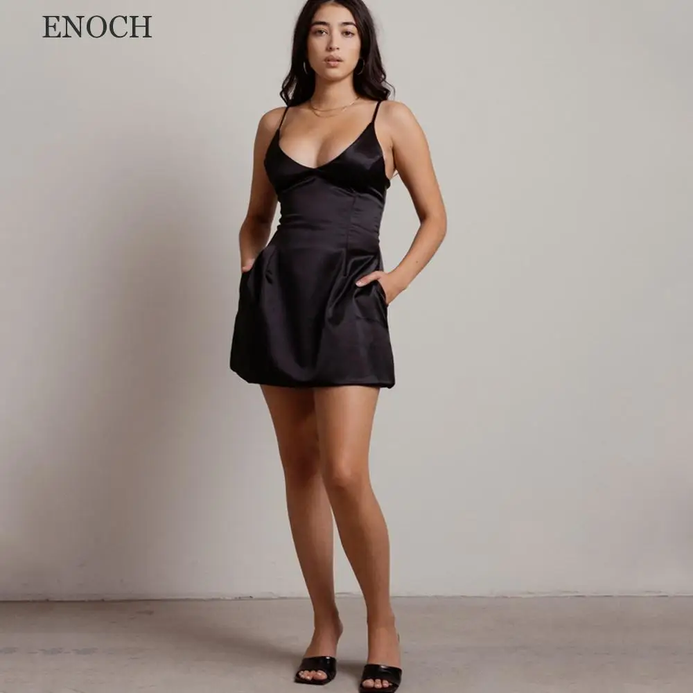 ENOCH Mini V คอ Satin Homecoming เปิดกลับแขนกุดพร้อมกระเป๋าชุดเดรสปาร์ตี้ Custom Made Beach Vestidos De Fiesta