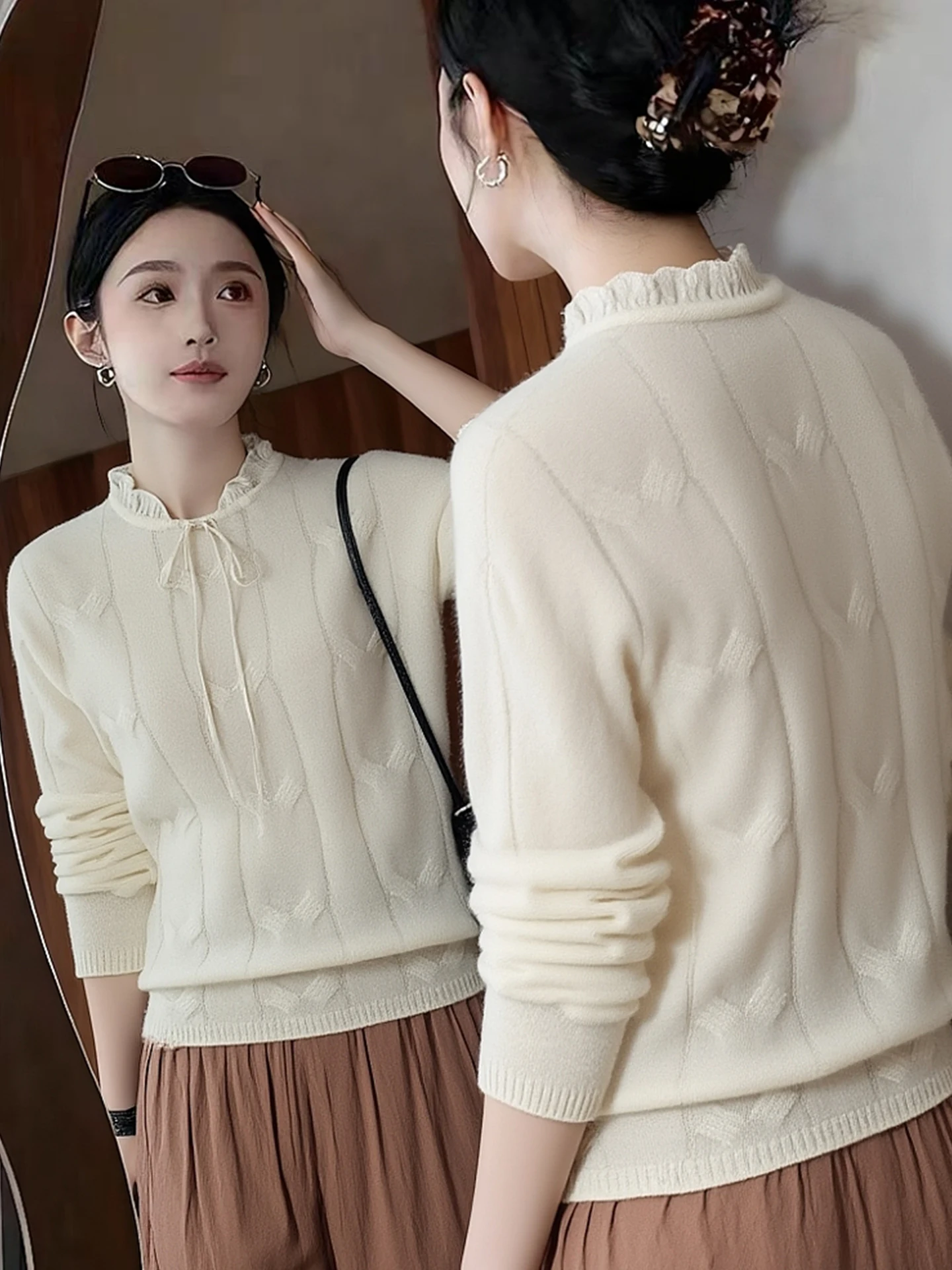 

Faionable Camere Knitted Long Sve Sweater with Belt Design Ele Personali Winter 2025 Women's Premium Quali Top